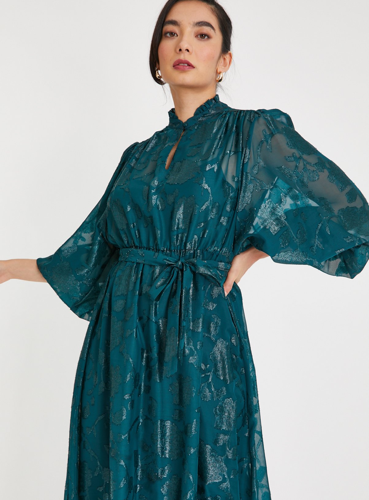 Green Jacquard Floral Belted Midi Dress 10 - Image 2 thumbnail